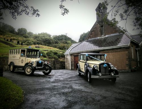 Bonnie and Clyde waiting to transport bride Astrid and bridal party to Holy Trinity Church Llanelli